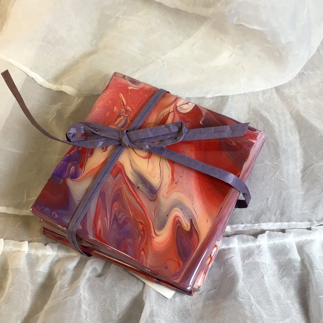 Purple, Red & White  Marbled Coaster Set
