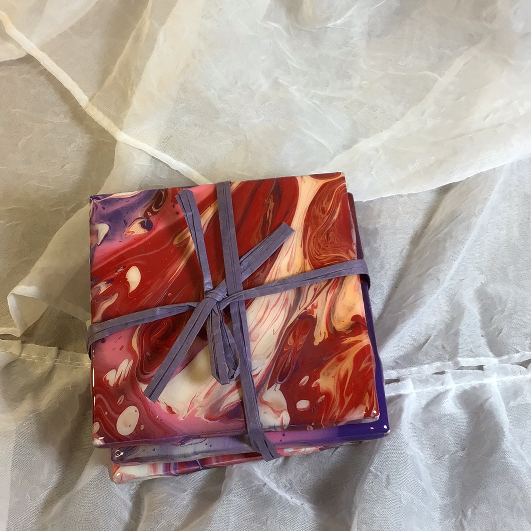 Purple, Red & White  Marbled Coaster Set